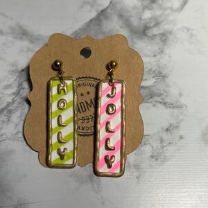 Colorful Handcrafted Pink and Green Holly Jolly Earrings